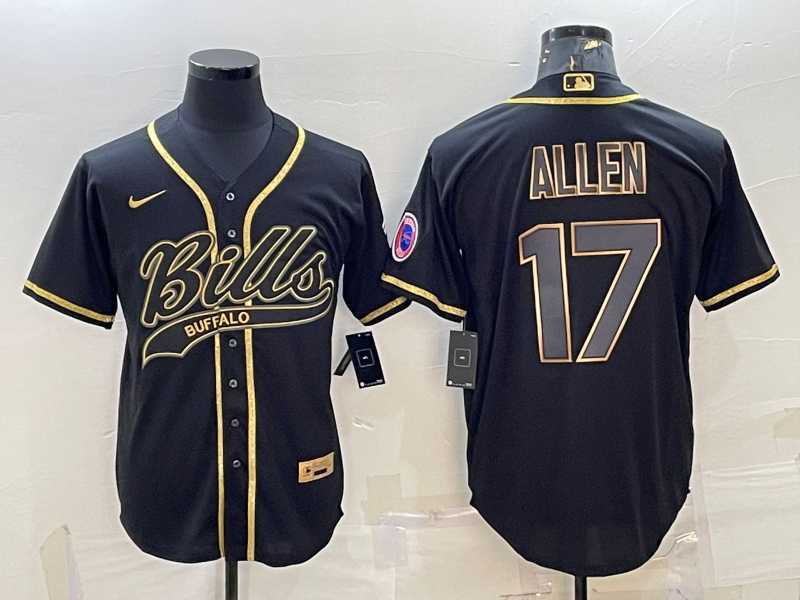 Mens Buffalo Bills #17 Josh Allen Black Gold With Patch Cool Base Stitched Baseball Jersey